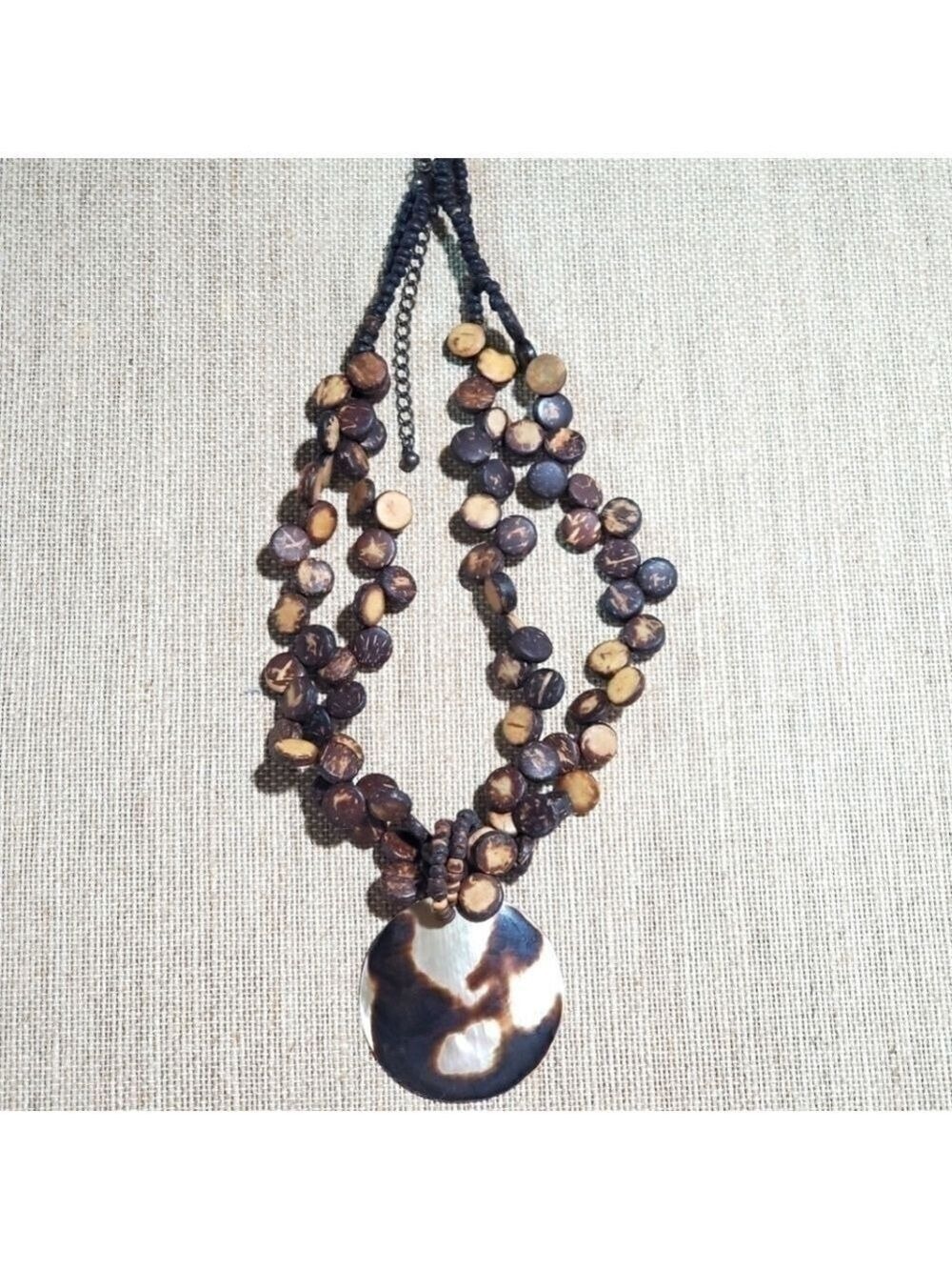 Vtg VJ Abalone statement necklace heishe seed bead wood shell